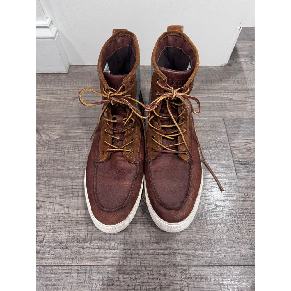 Polo Ralph Lauren Tynedale Brown Leather Chambray Moc Toe Boots Mens 13D